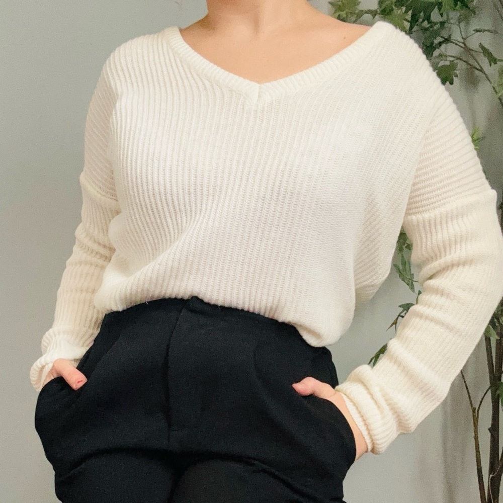 Elegant Women's V-Neck Sweater in Cream